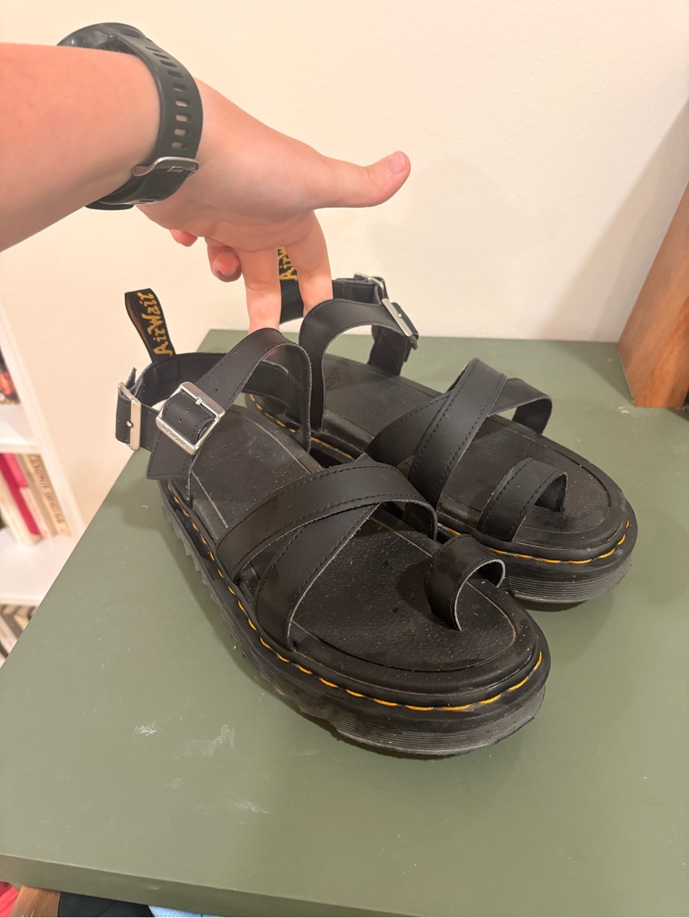 Dr. Martens Black Platform Toe-Loop Sandals with Yellow Stitching
